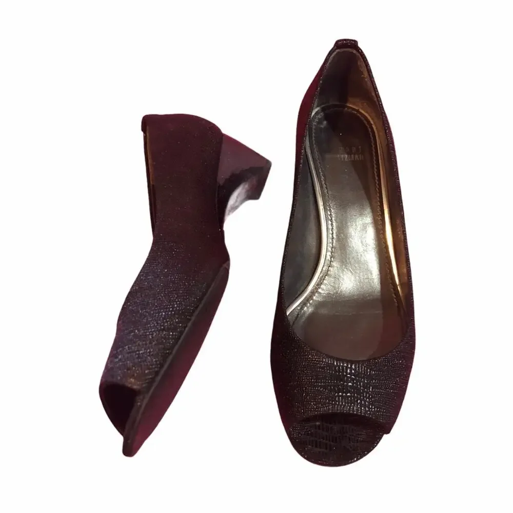 Stuart Weitzman Tofu Peep Toe Wedge Black 8.5 EUC